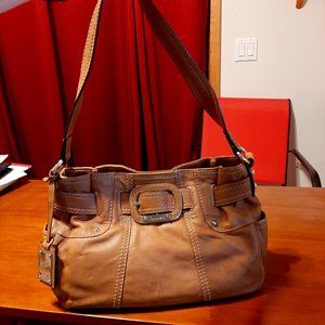Tignanello Real Leather Mid-Sized Shoulder Bag - Warm Brown with Gold Accents